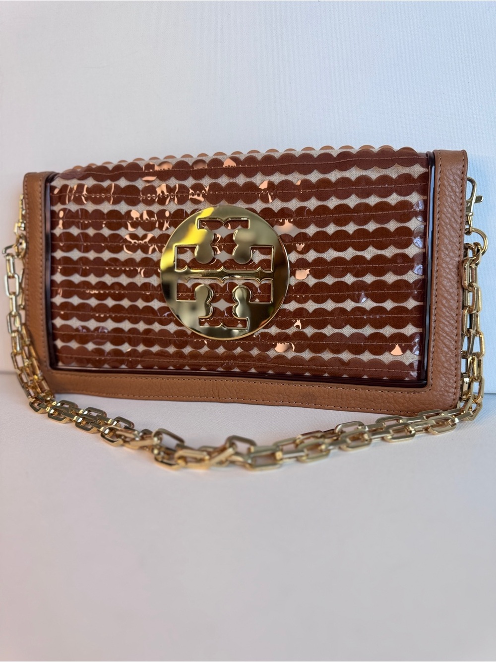 Tory Burch Vintage Reva Sequin Convertible Clutch Shoulder Bag Gold Chain